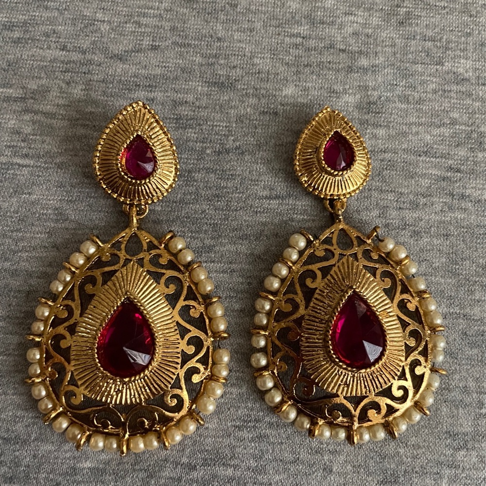 Gold-Tone Teardrop Pearl & Ruby Glass Statement Earrings